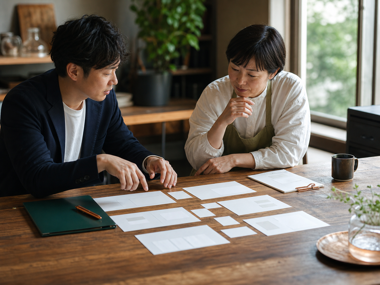 事業計画と進行表を確認する様子